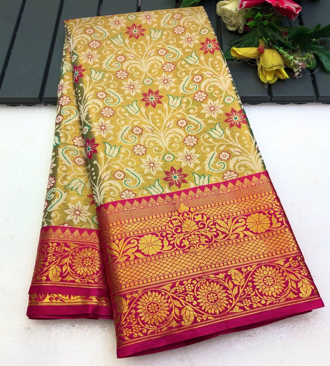 Golden Mustard Kanjivaram Zari Weaving Saree With Pink Contrast Border